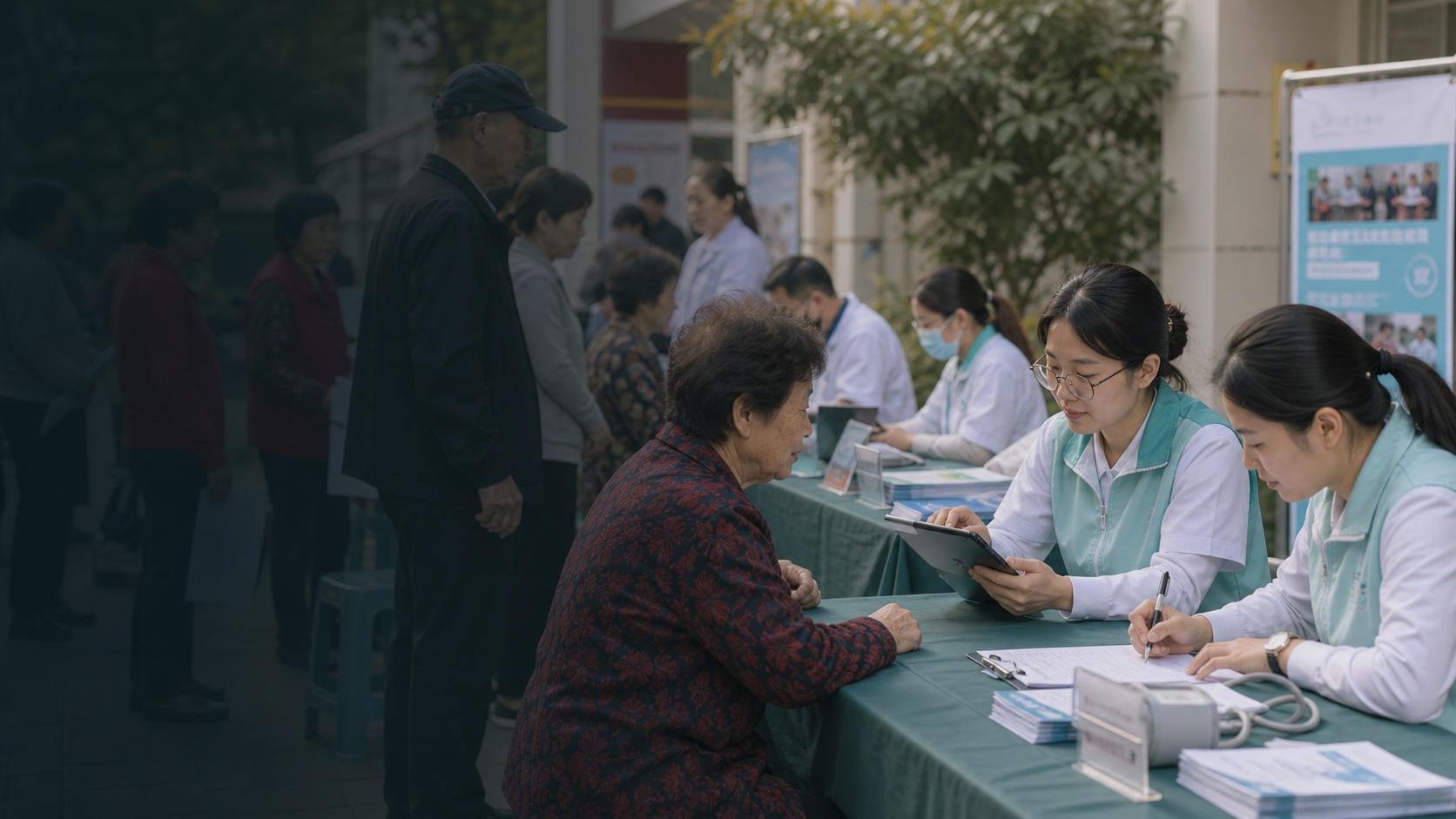 社区健康项目现场为居民登记和提供筛查服务
